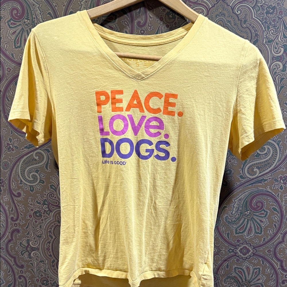 Life Is Good Yellow Peace Love Dogs T-Shirt